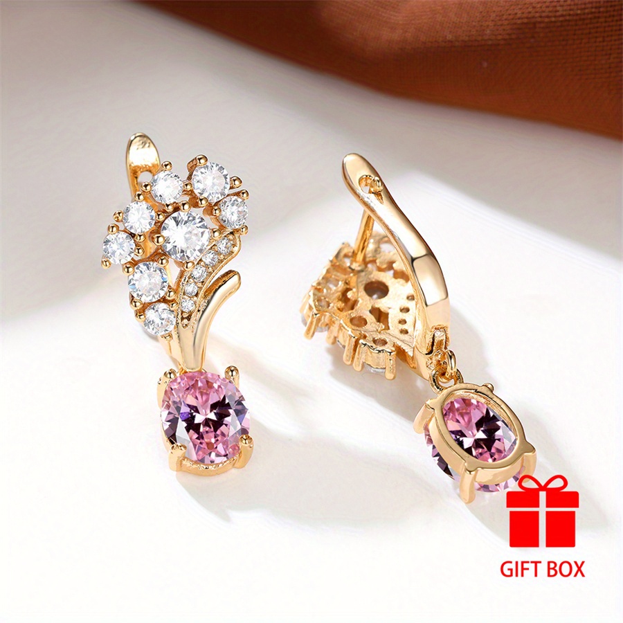 Pink Synthetic Zirconia Oval Cut Women's Earrings for Wedding Party